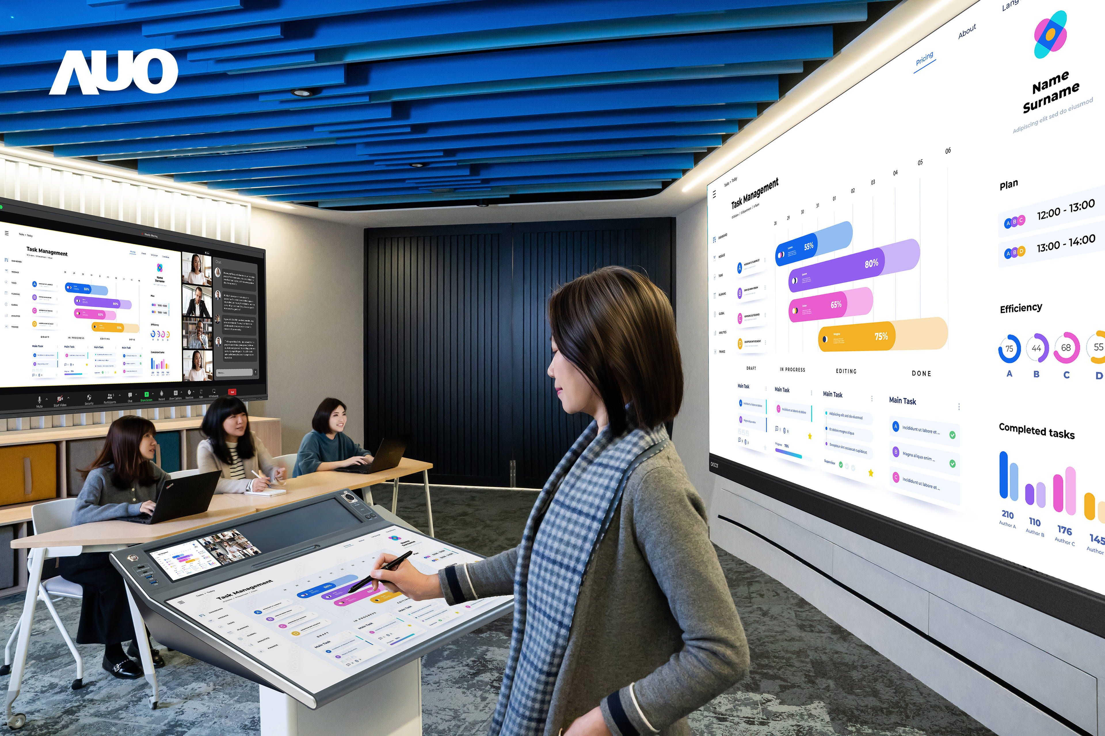 达擎携手Avocor与Rise Vision展示全方位商务领域应用，包含采用模块化设计的138吋一体式All-in-One LED显示器及具21:9超宽比例的92吋交互式电子白板（IFPD），讲者可轻松分享内容，有效提升会议协作效率。